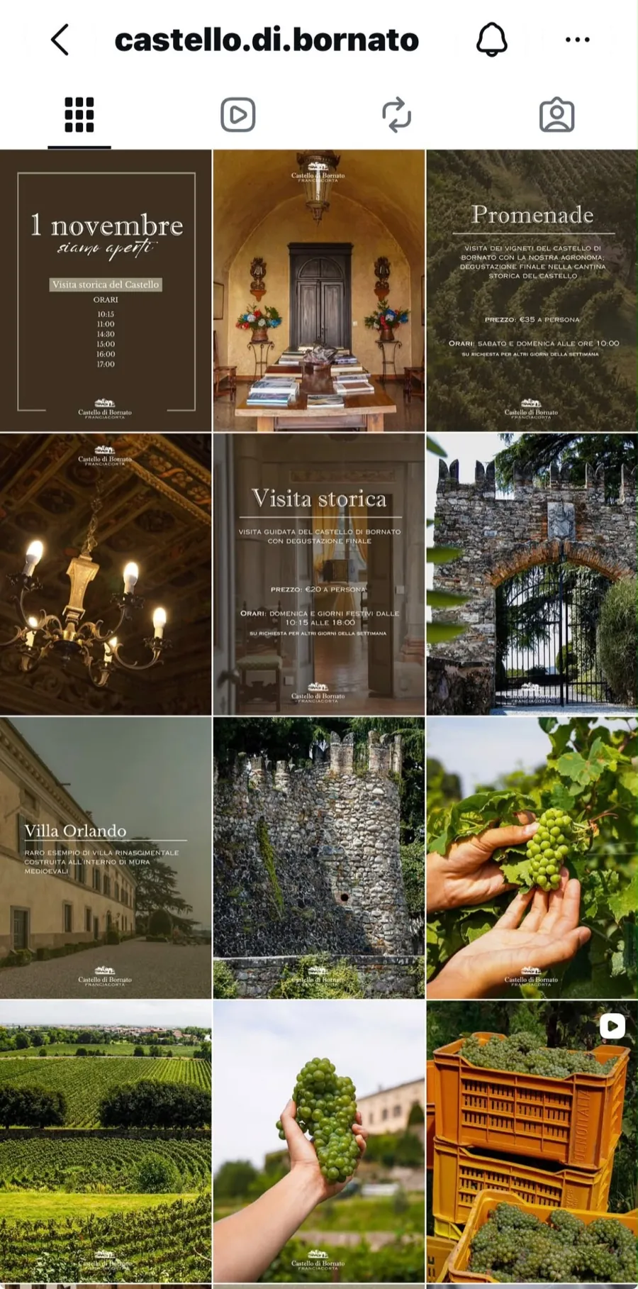 Feed Instagram del Castello di Bornato dopo la collaborazione, con servizi e visite comunicati in modo chiaro