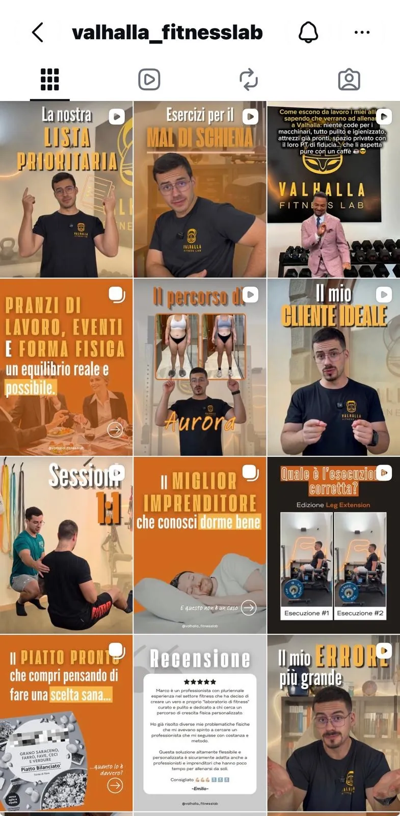 Feed Instagram di Valhalla Fitness Lab con la nuova brand identity arancione e nera